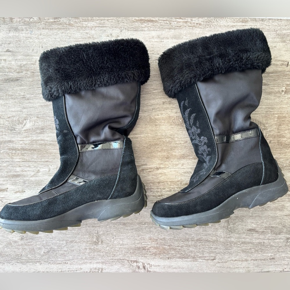VTG Cougar Boots Faux Fur Leather Black Winter Snow Embroidered Aupair Womens 8